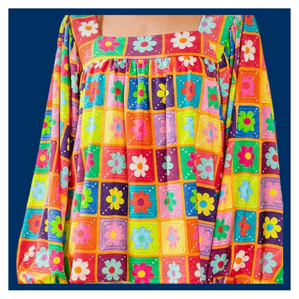 NET!Lemon Love Slightly Stretchy, Size XL, Multi Color Flowers Swing Top Sq Neck - Picture 2 of 11